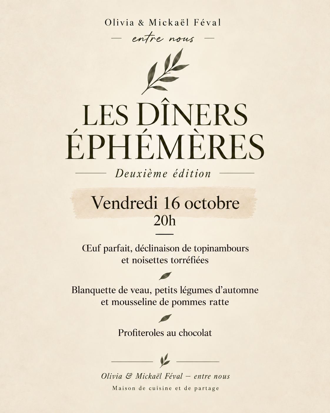 les dîners éphémères d'olivia & mickaël 16 octobre 2026